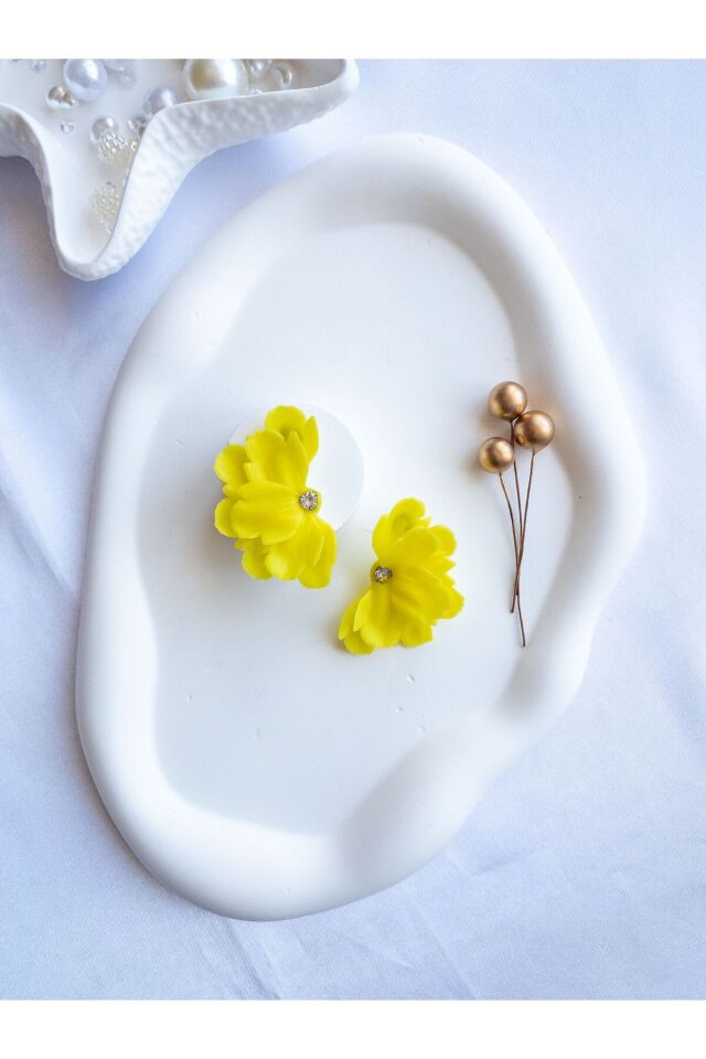 Özel Tasarım Sarı Polimer Kil Çiçek Küpe