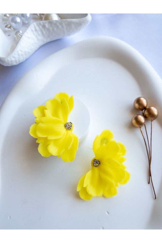 Özel Tasarım Sarı Polimer Kil Çiçek Küpe