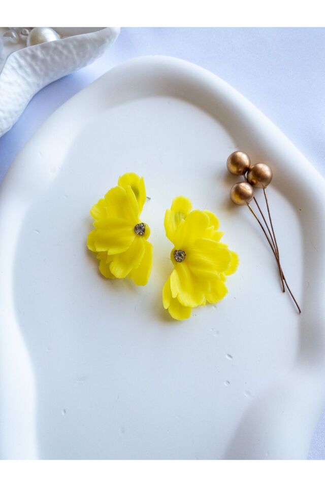 Özel Tasarım Sarı Polimer Kil Çiçek Küpe