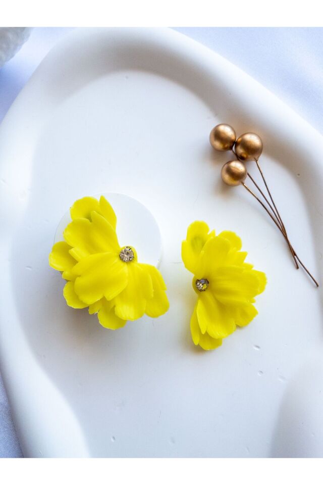 Özel Tasarım Sarı Polimer Kil Çiçek Küpe