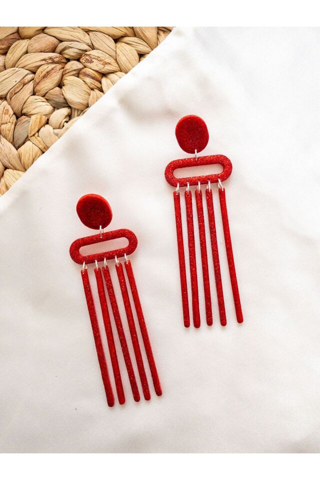 Özel Tasarım Kırmızı Simli Polimer Kil Geometrik Sallantılı Küpe