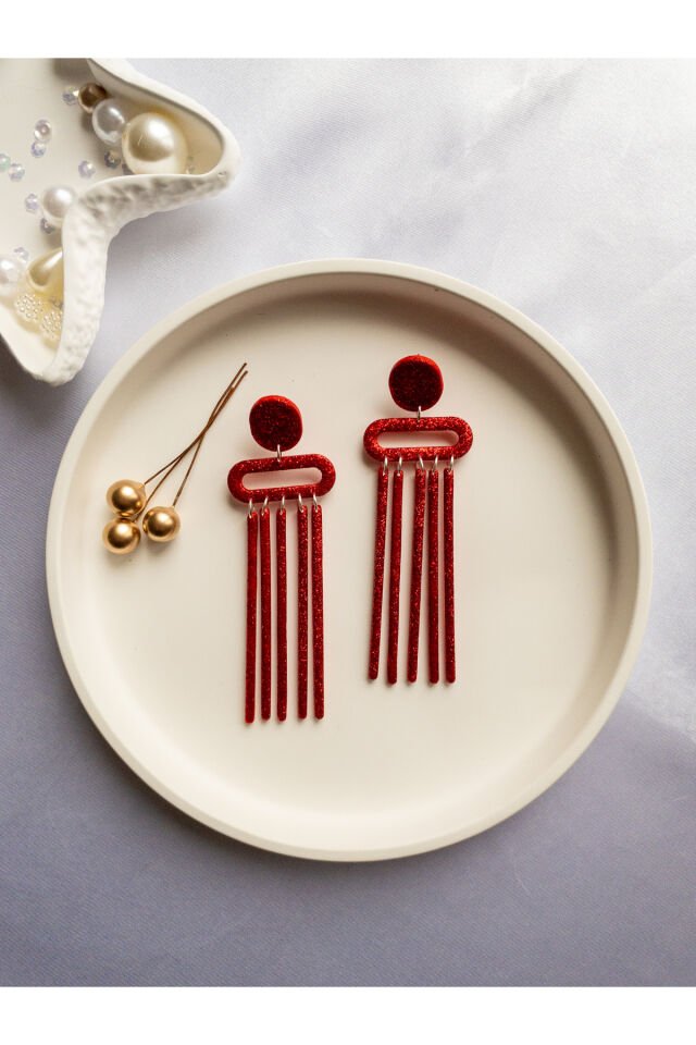 Özel Tasarım Kırmızı Simli Polimer Kil Geometrik Sallantılı Küpe