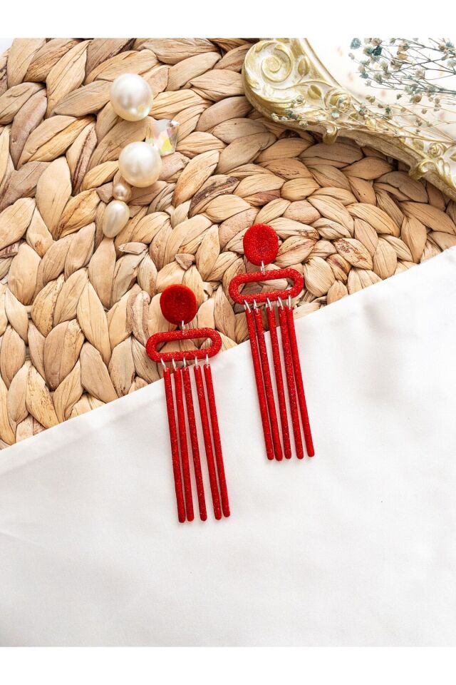 Özel Tasarım Kırmızı Simli Polimer Kil Geometrik Sallantılı Küpe