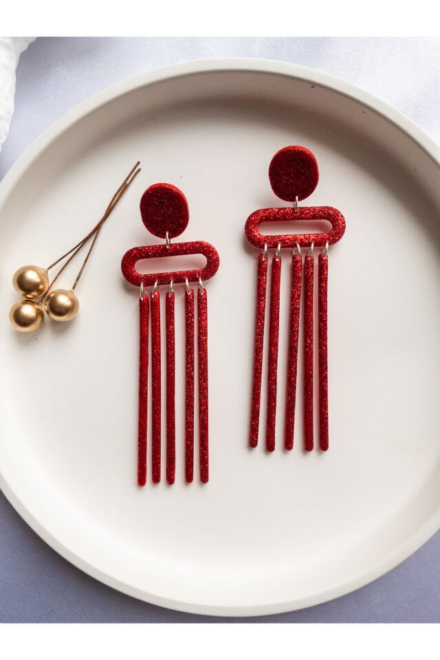 Özel Tasarım Kırmızı Simli Polimer Kil Geometrik Sallantılı Küpe