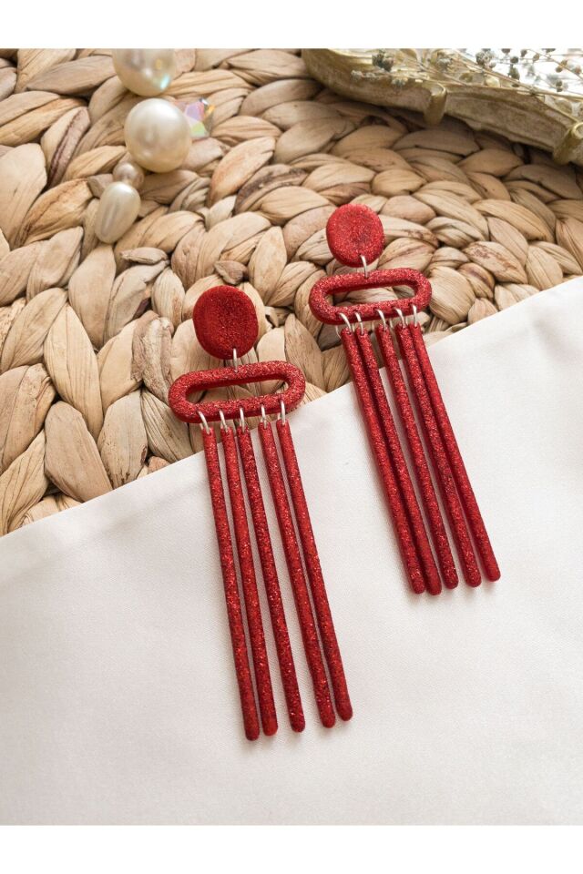 Özel Tasarım Kırmızı Simli Polimer Kil Geometrik Sallantılı Küpe