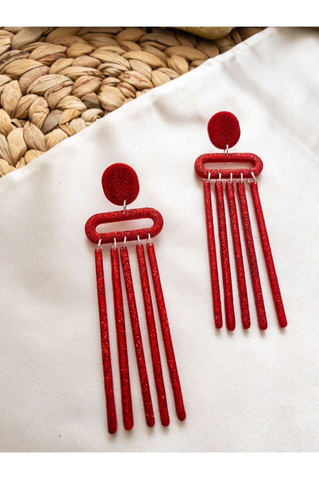 Özel Tasarım Kırmızı Simli Polimer Kil Geometrik Sallantılı Küpe