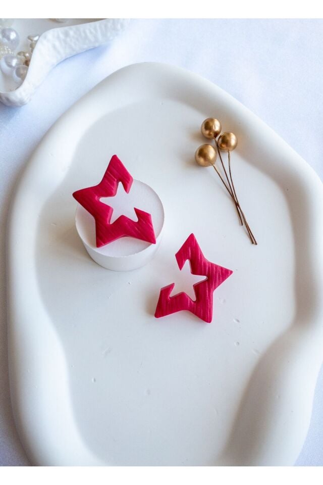 Özel Tasarım Pembe Polimer Kil Yıldız Küpe