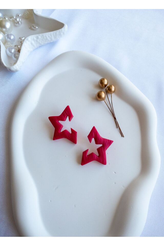 Özel Tasarım Pembe Polimer Kil Yıldız Küpe