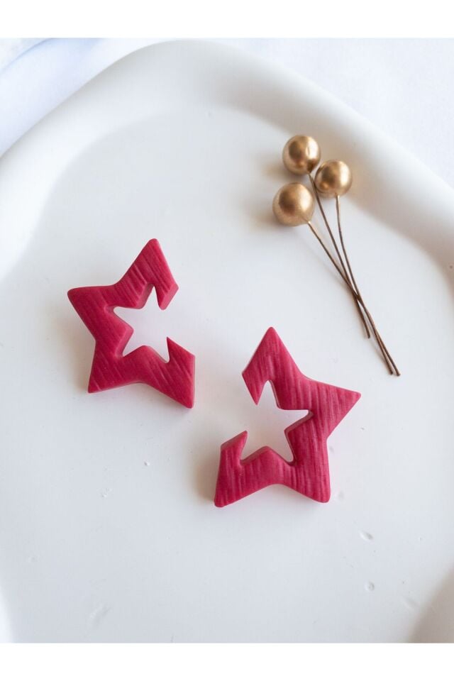 Özel Tasarım Pembe Polimer Kil Yıldız Küpe