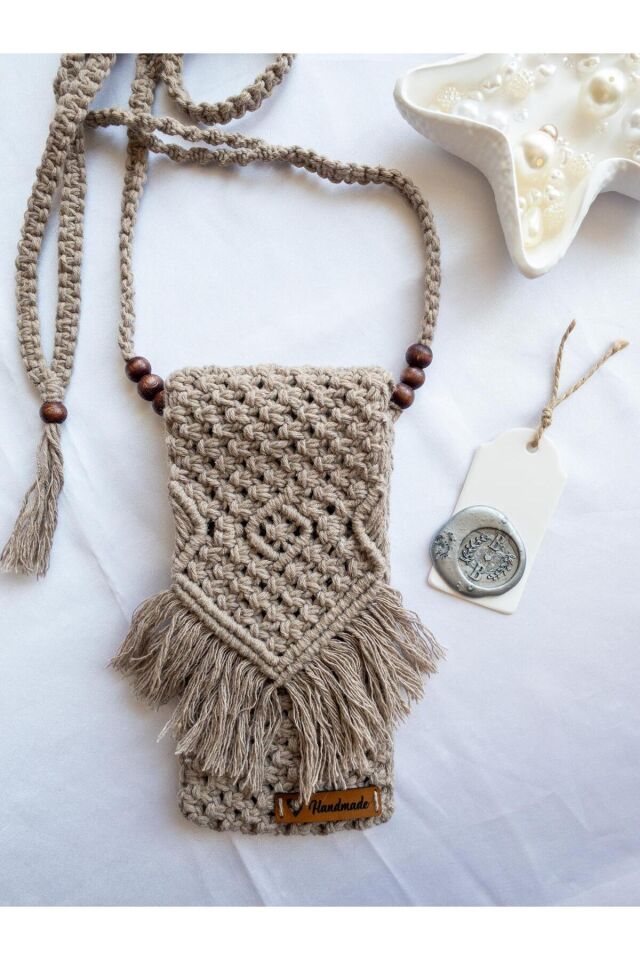 Özel Tasarım Açık Kahve Makrome Mini Çanta