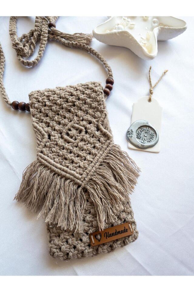 Özel Tasarım Açık Kahve Makrome Mini Çanta