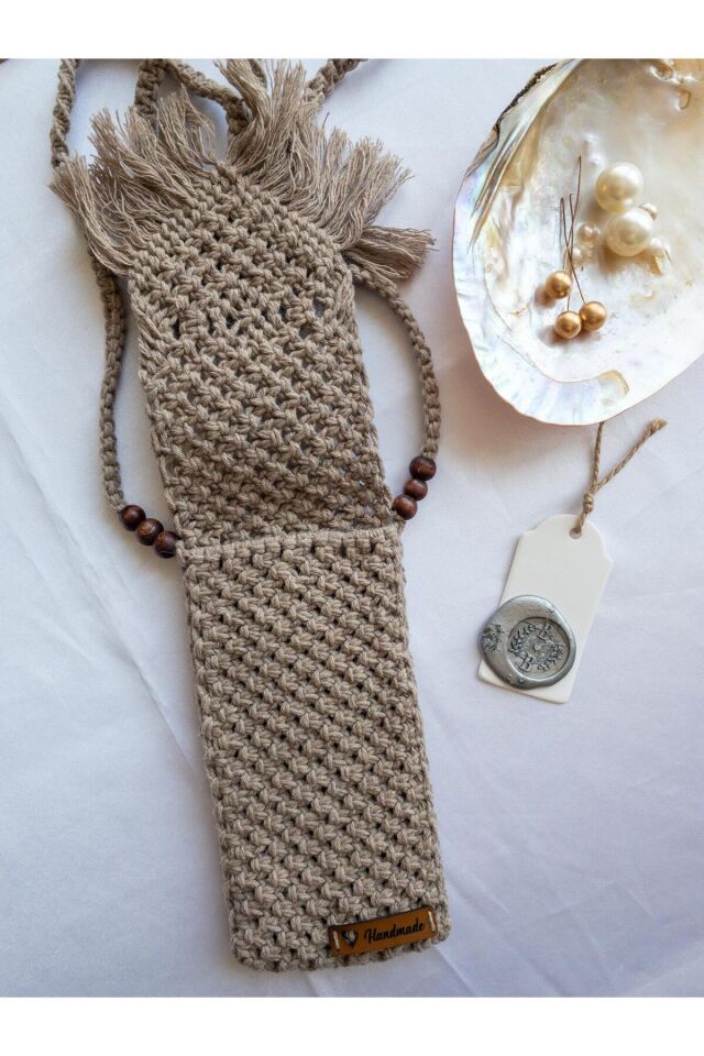 Özel Tasarım Açık Kahve Makrome Mini Çanta