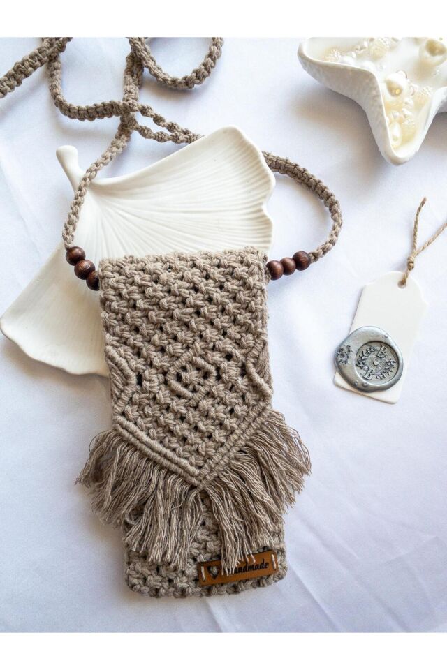 Özel Tasarım Açık Kahve Makrome Mini Çanta