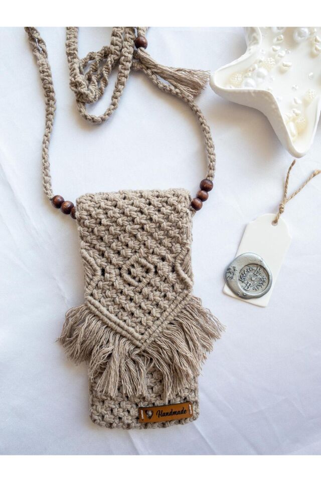 Özel Tasarım Açık Kahve Makrome Mini Çanta