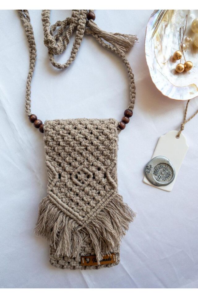 Özel Tasarım Açık Kahve Makrome Mini Çanta