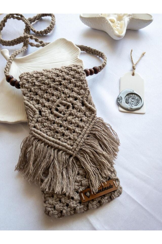 Özel Tasarım Açık Kahve Makrome Mini Çanta