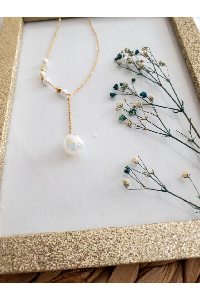 Parlak İncili Çelik Zincir Kolye