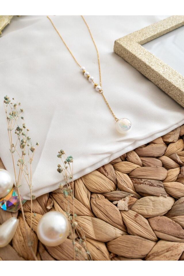 Parlak İncili Çelik Zincir Kolye