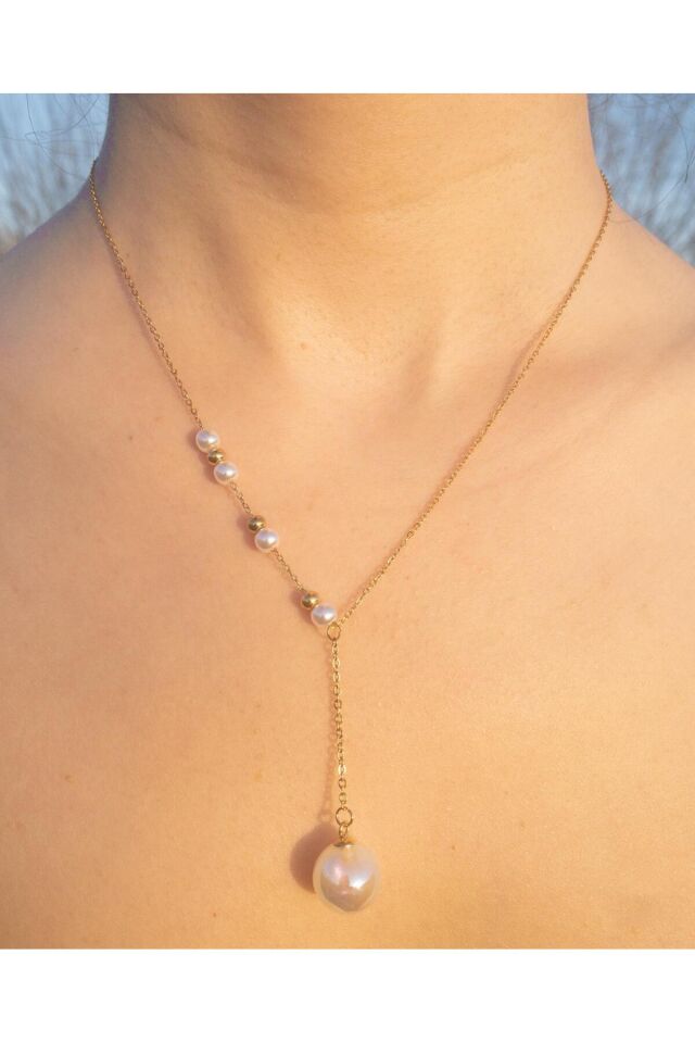 Parlak İncili Çelik Zincir Kolye