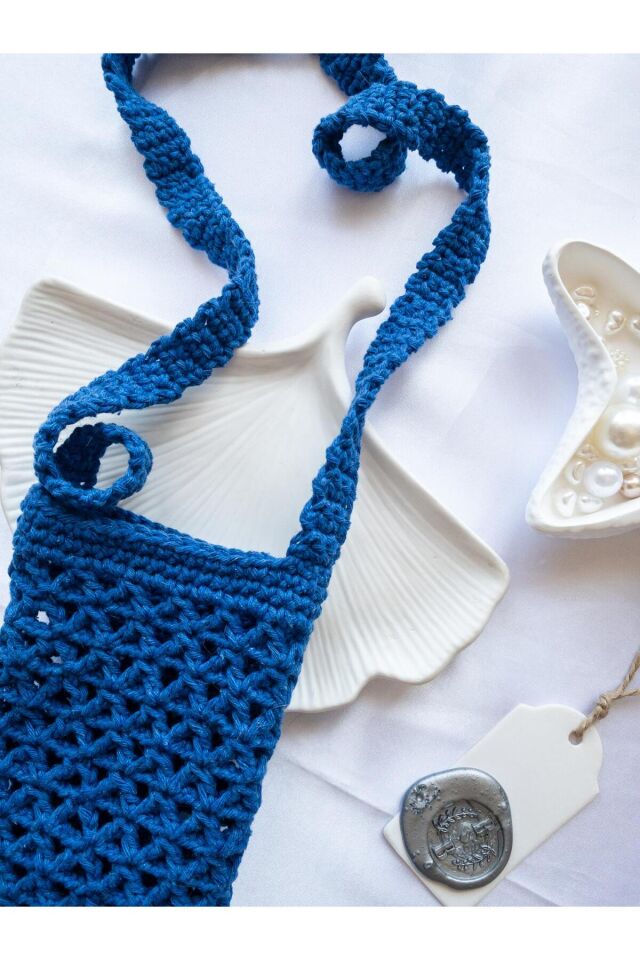 Özel Tasarım Mavi Örgü Mini Çanta/Su Taşıma Çantası