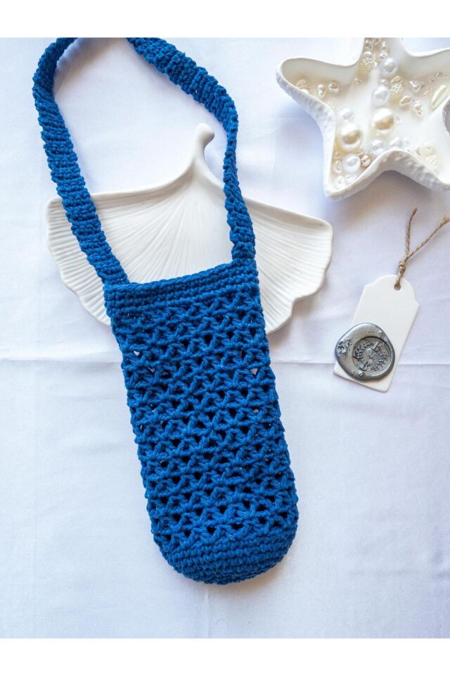 Özel Tasarım Mavi Örgü Mini Çanta/Su Taşıma Çantası