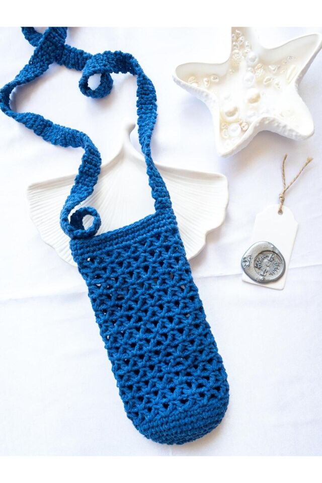 Özel Tasarım Mavi Örgü Mini Çanta/Su Taşıma Çantası