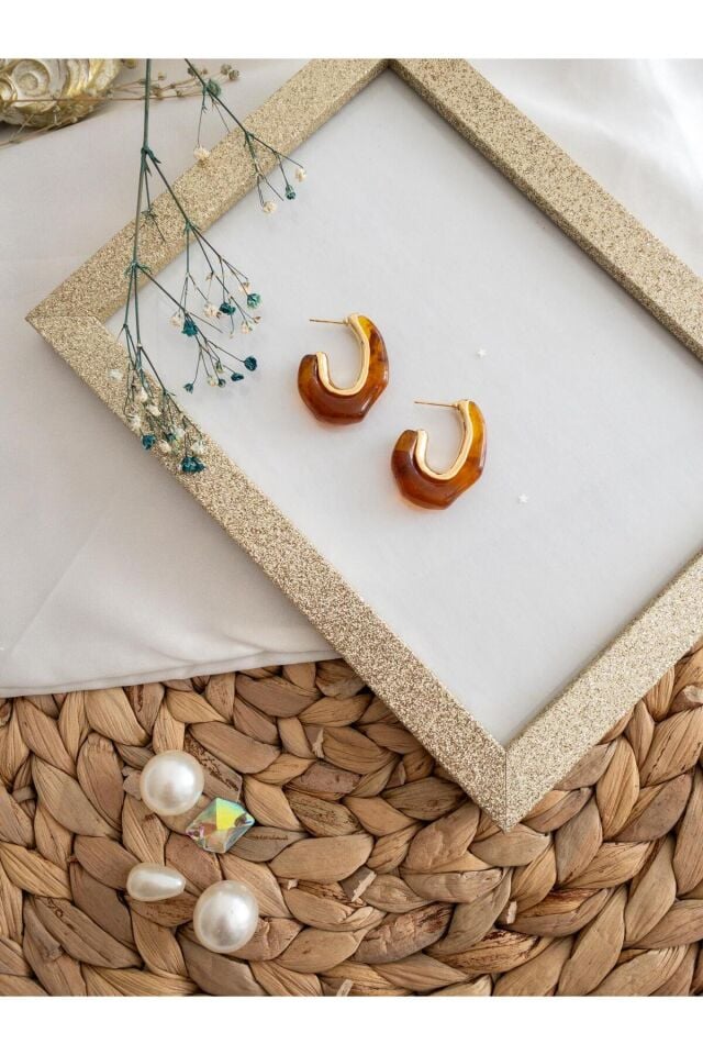 Şeffaf Kahverengi Reçine Gold Küpe