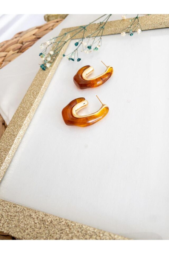 Şeffaf Kahverengi Reçine Gold Küpe