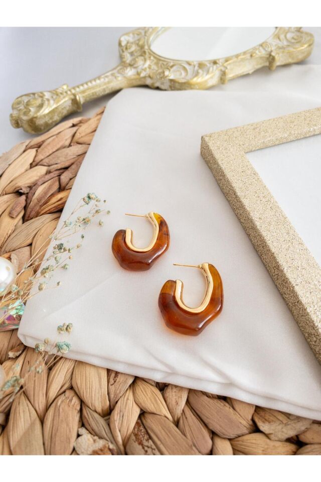 Şeffaf Kahverengi Reçine Gold Küpe