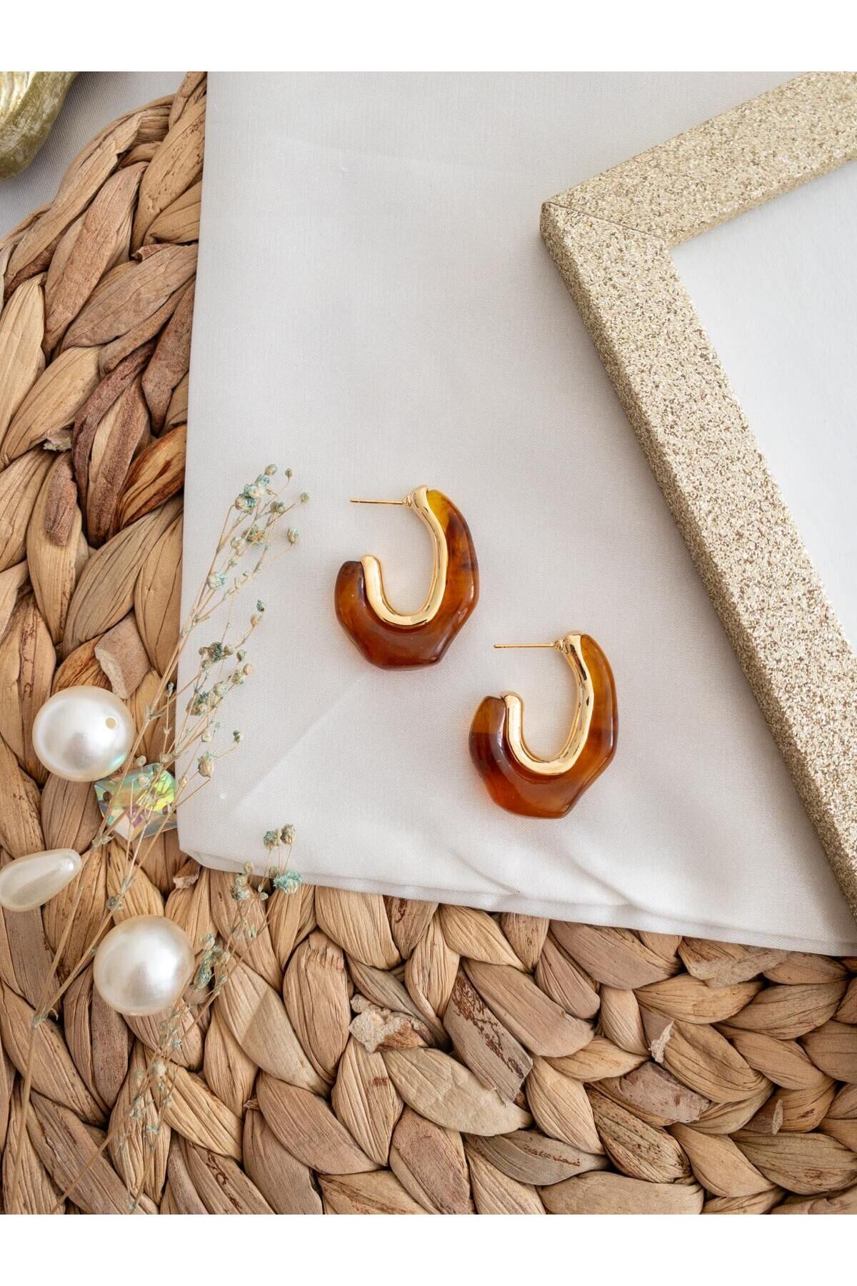 Şeffaf Kahverengi Reçine Gold Küpe