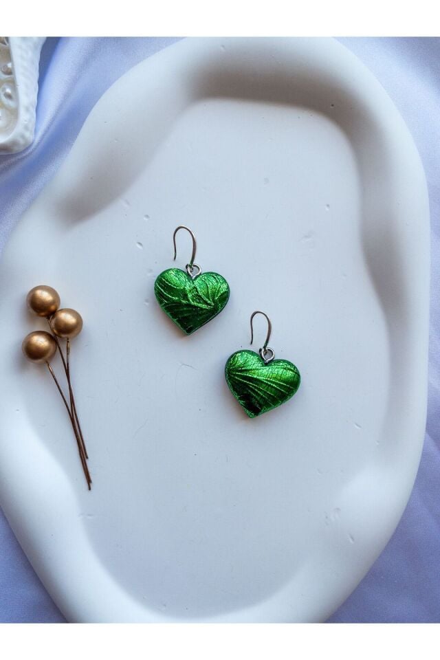 Özel Tasarım Yeşil Varak Kalp Küpe