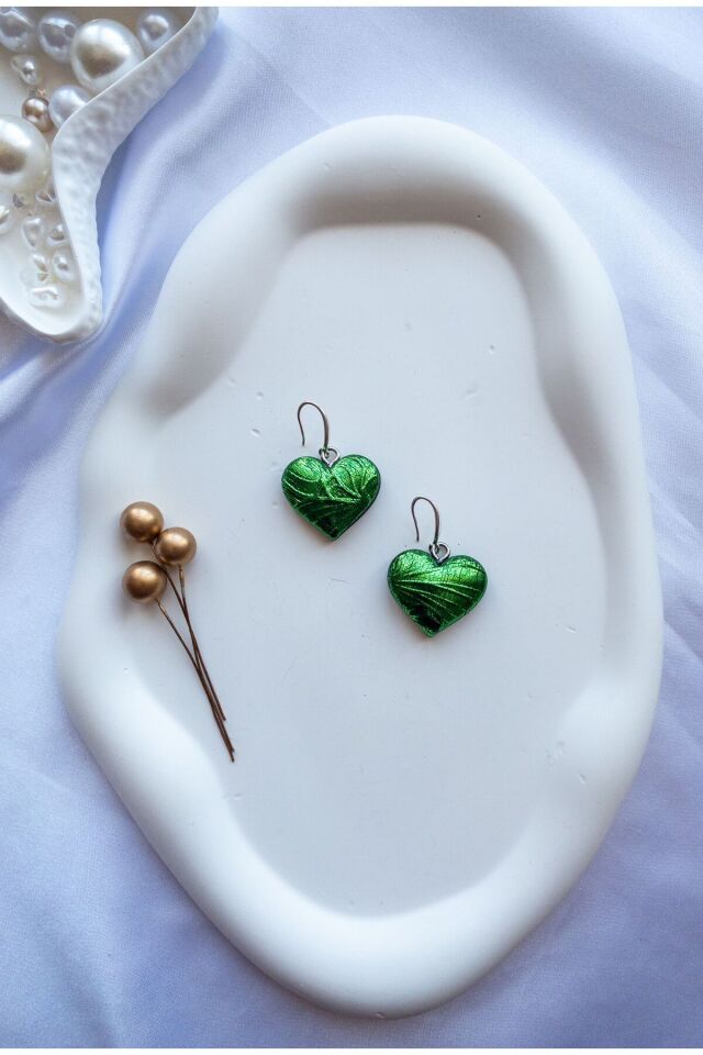 Özel Tasarım Yeşil Varak Kalp Küpe