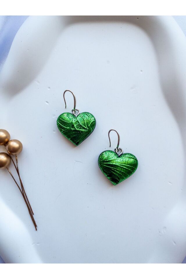 Özel Tasarım Yeşil Varak Kalp Küpe