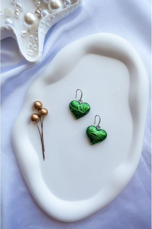 Özel Tasarım Yeşil Varak Kalp Küpe