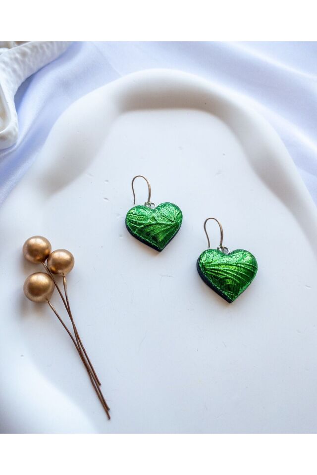 Özel Tasarım Yeşil Varak Kalp Küpe