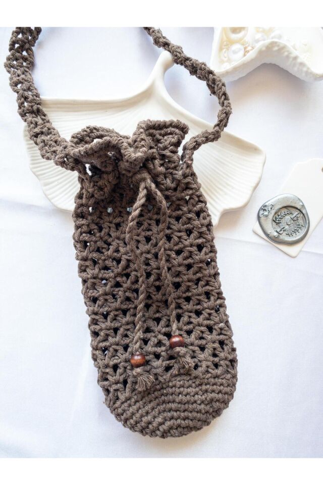 Özel Tasarım Kahverengi Örgü Mini Çanta/Su Taşıma Çantası