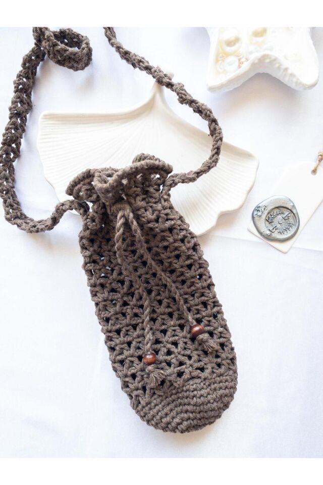 Özel Tasarım Kahverengi Örgü Mini Çanta/Su Taşıma Çantası