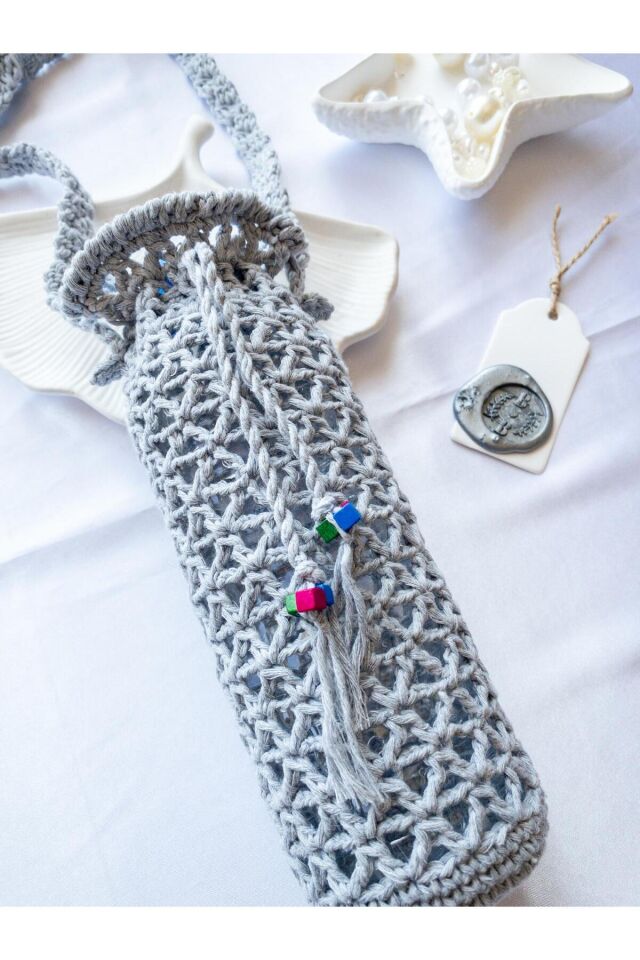 Özel Tasarım Gri Örgü Mini Çanta/Su Taşıma Çantası