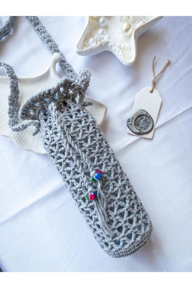 Özel Tasarım Gri Örgü Mini Çanta/Su Taşıma Çantası