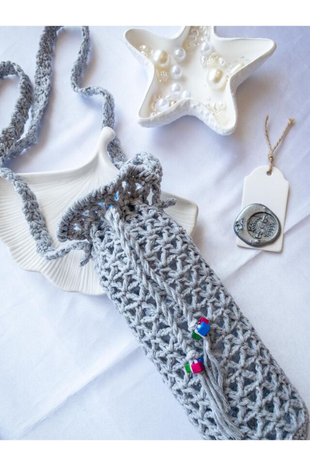 Özel Tasarım Gri Örgü Mini Çanta/Su Taşıma Çantası