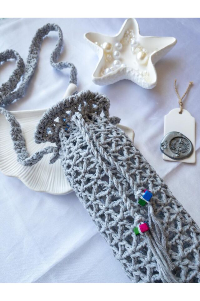 Özel Tasarım Gri Örgü Mini Çanta/Su Taşıma Çantası