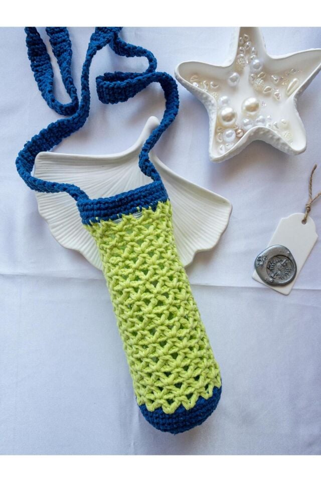 Özel Tasarım Lacivert Detay Fıstık Yeşili Örgü Mini Çanta/Su Taşıma Çantası