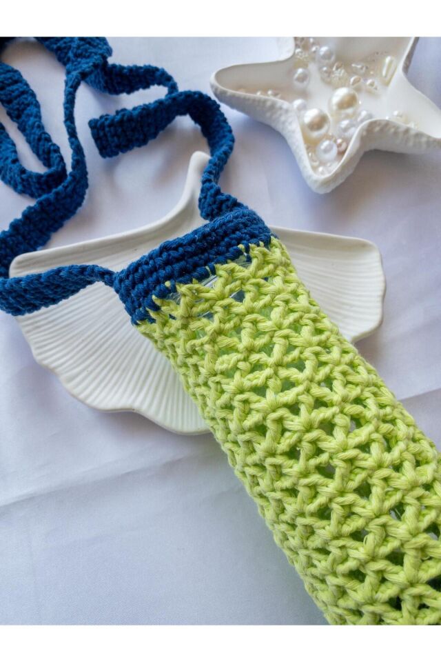 Özel Tasarım Lacivert Detay Fıstık Yeşili Örgü Mini Çanta/Su Taşıma Çantası