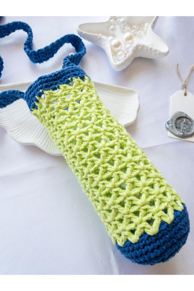 Özel Tasarım Lacivert Detay Fıstık Yeşili Örgü Mini Çanta/Su Taşıma Çantası