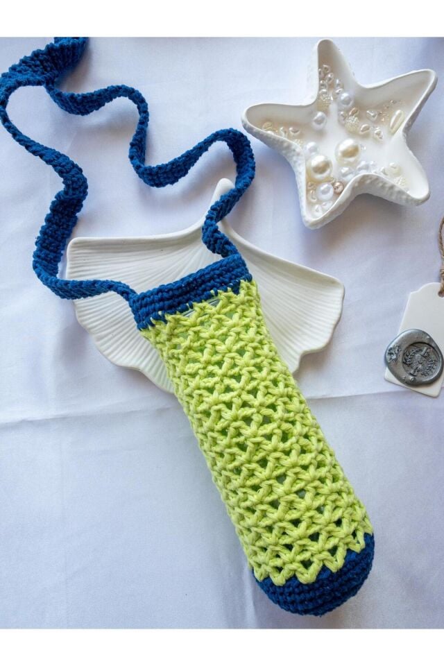 Özel Tasarım Lacivert Detay Fıstık Yeşili Örgü Mini Çanta/Su Taşıma Çantası