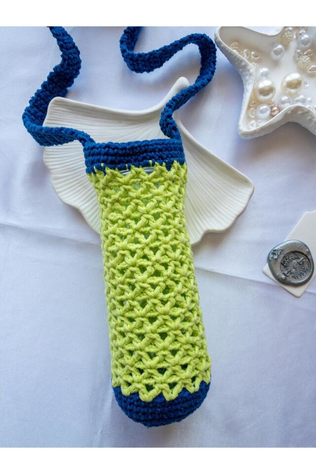 Özel Tasarım Lacivert Detay Fıstık Yeşili Örgü Mini Çanta/Su Taşıma Çantası