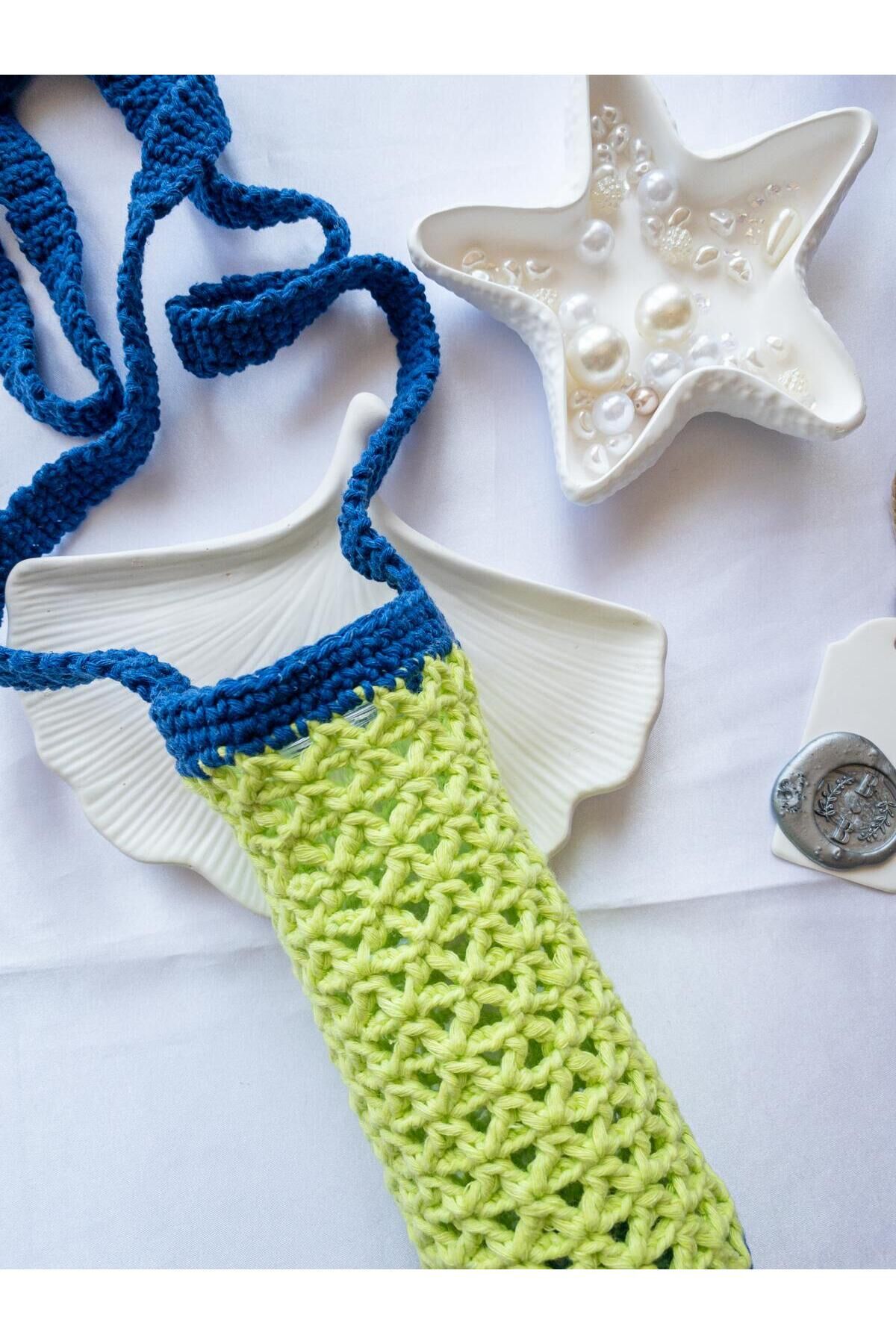 Özel Tasarım Lacivert Detay Fıstık Yeşili Örgü Mini Çanta/Su Taşıma Çantası