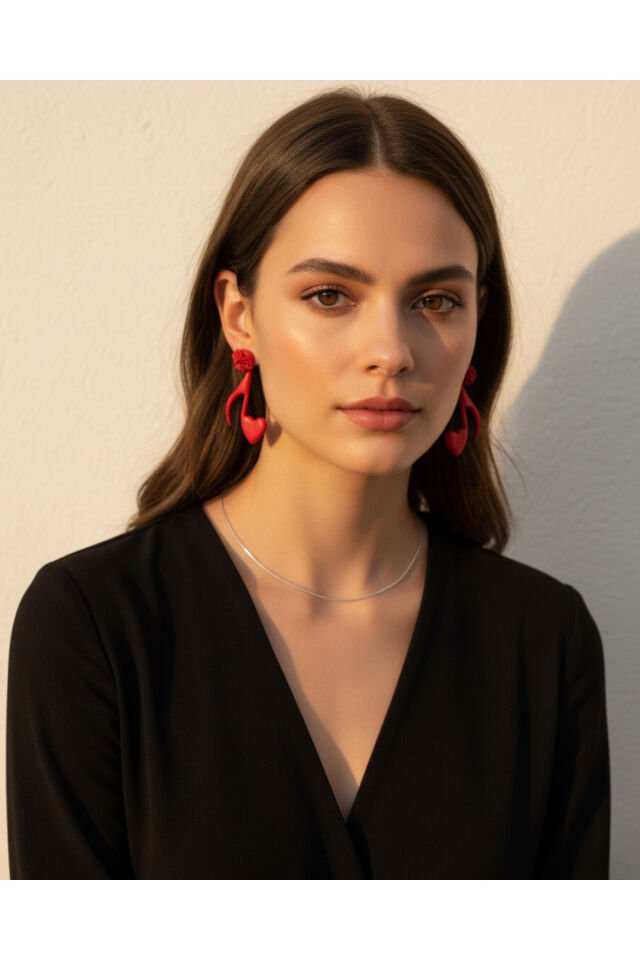 Özel Tasarım Kırmızı Polimer Kil Gül Detay Kalpli Nota Küpe Kırmızı