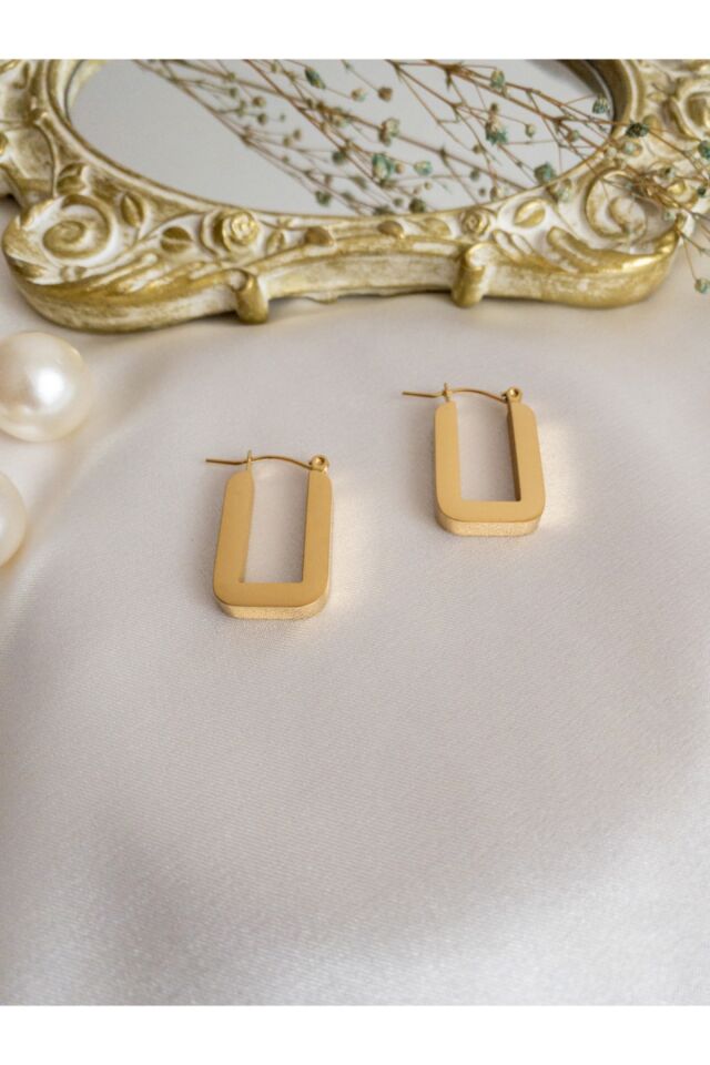 Gold Kalın Dikdörtgen Halka Çelik Küpe Gümüş