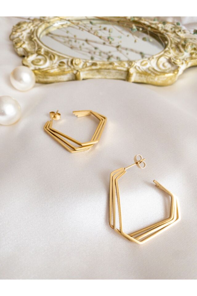 Gold Üç Sıra Üçgen Çelik Küpe Gold